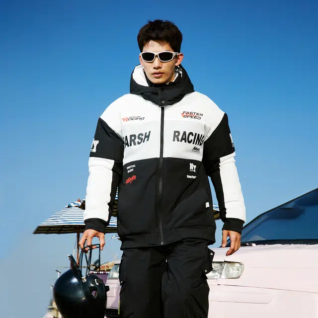 纳趣 美式复古防风宽松休闲机车赛车服连帽棉服 男女同款