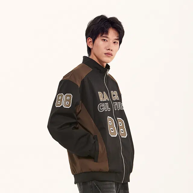 纳趣 美式复古街头痞帅时尚休闲字母数字立领宽松夹克外套 男女同款 黑色