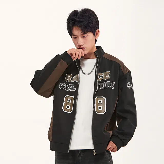 纳趣 美式复古街头痞帅时尚休闲字母数字立领宽松夹克外套 男女同款 黑色