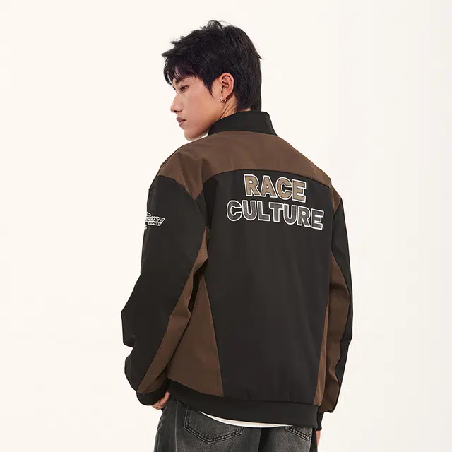 纳趣 美式复古街头痞帅时尚休闲字母数字立领宽松夹克外套 男女同款 黑色