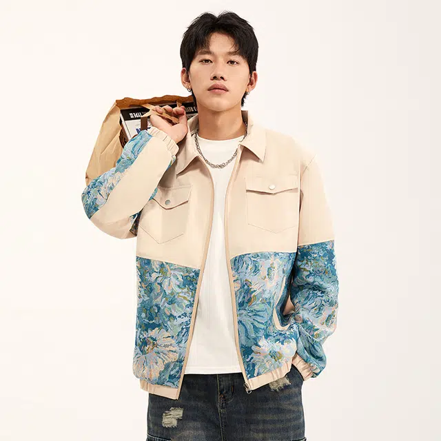 纳趣 国潮花卉提花休闲工装时尚西装领夹克外套 男女同款 卡其色