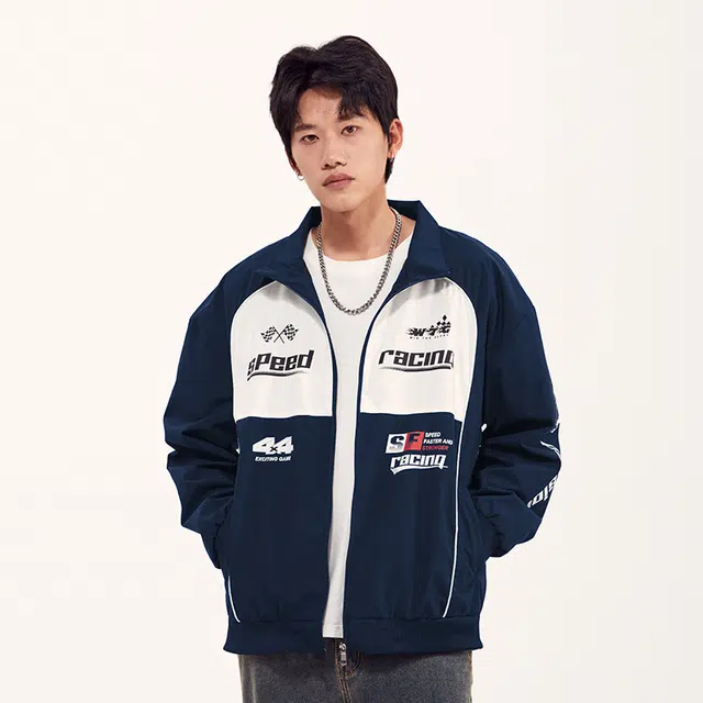 纳趣 美式复古街头立领拼接印花机车赛车休闲夹克外套 男女同款