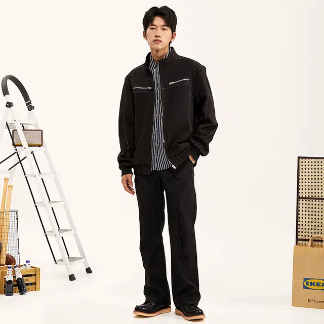 纳趣 美式复古高街机能痞帅时尚宽松夹克外套 男女同款 黑色