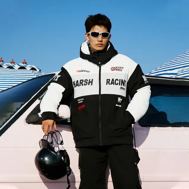 纳趣 美式复古防风宽松休闲机车赛车服连帽棉服 男女同款