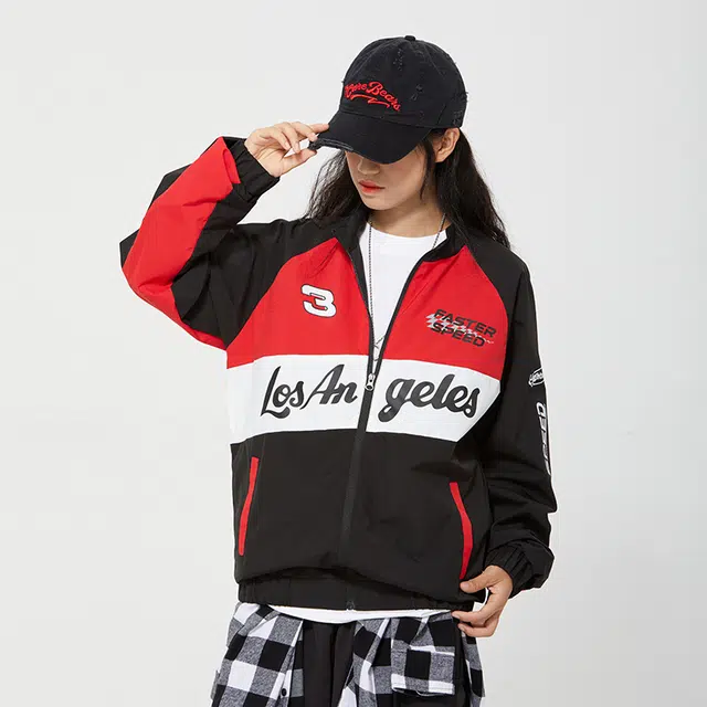 纳趣 美式机车风宽松休闲撞色字母印花赛车服夹克外套 男女同款