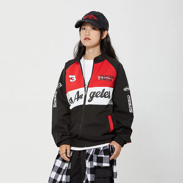 纳趣 美式机车风宽松休闲撞色字母印花赛车服夹克外套 男女同款