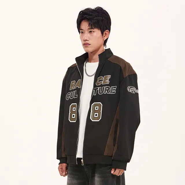 纳趣 美式复古街头痞帅时尚休闲字母数字立领宽松夹克外套 男女同款 黑色