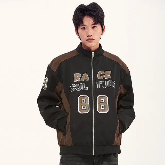 纳趣 美式复古街头痞帅时尚休闲字母数字立领宽松夹克外套 男女同款 黑色