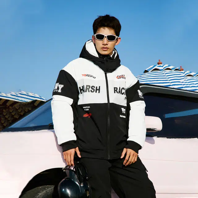 纳趣 美式复古防风宽松休闲机车赛车服连帽棉服 男女同款