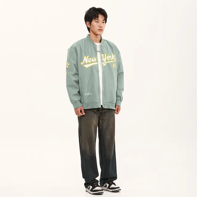 纳趣 美式复古嘻哈街头字母印花宽松百搭休闲棒球领夹克外套 男女同款