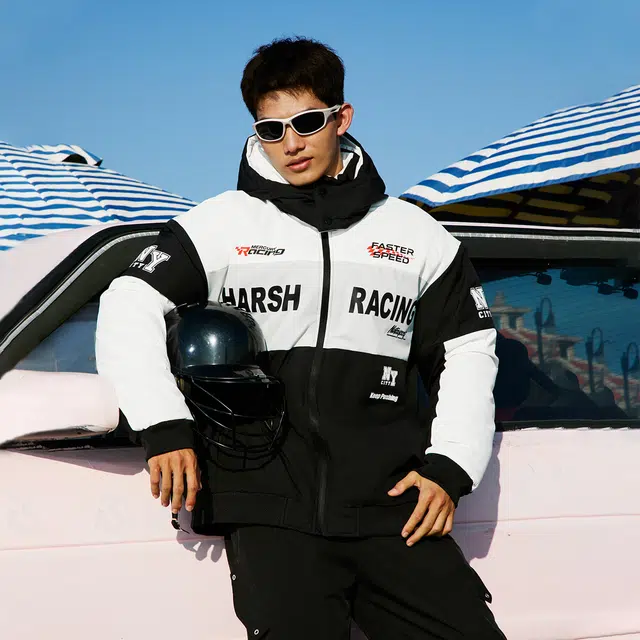 纳趣 美式复古防风宽松休闲机车赛车服连帽棉服 男女同款