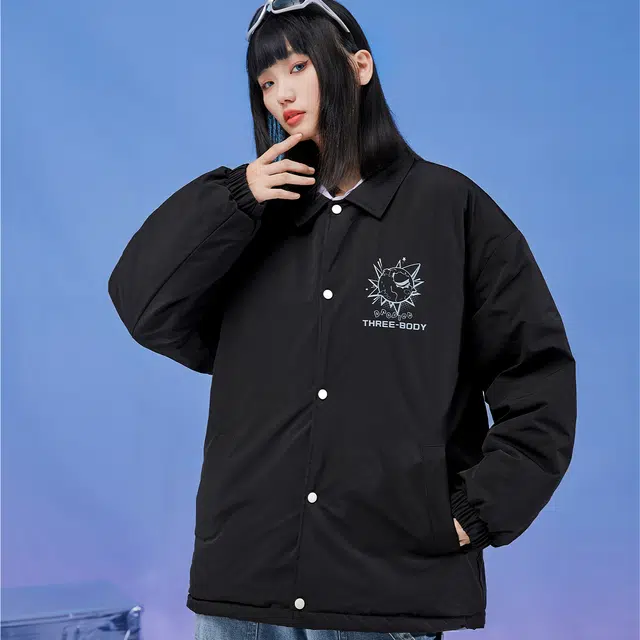 三体 水滴系列 休闲宽松加厚保暖基础翻领开衫长袖棉服 男女同款