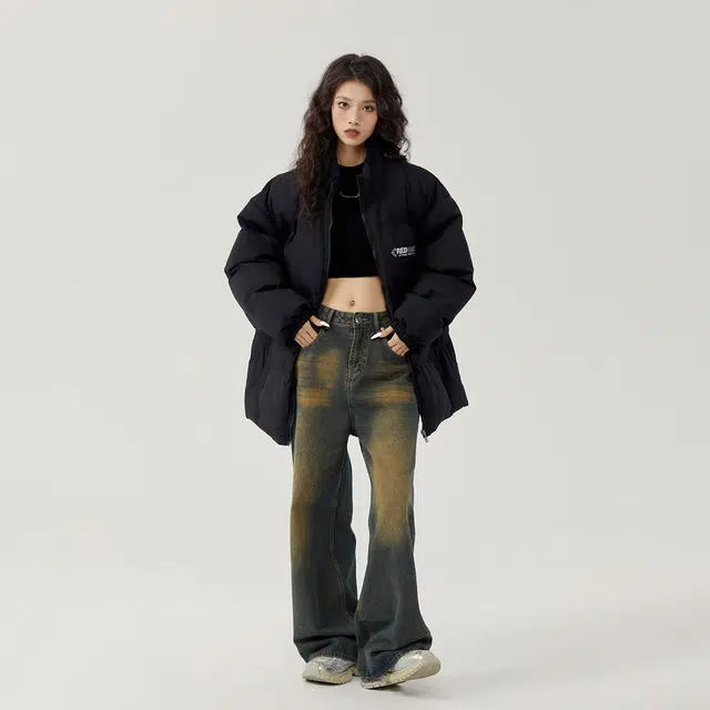 三体 美式复古登山服简约基础款字母印花宽松休闲保暖加厚立领开衫柔软舒适百搭多巴胺面包服棉服 男女同款