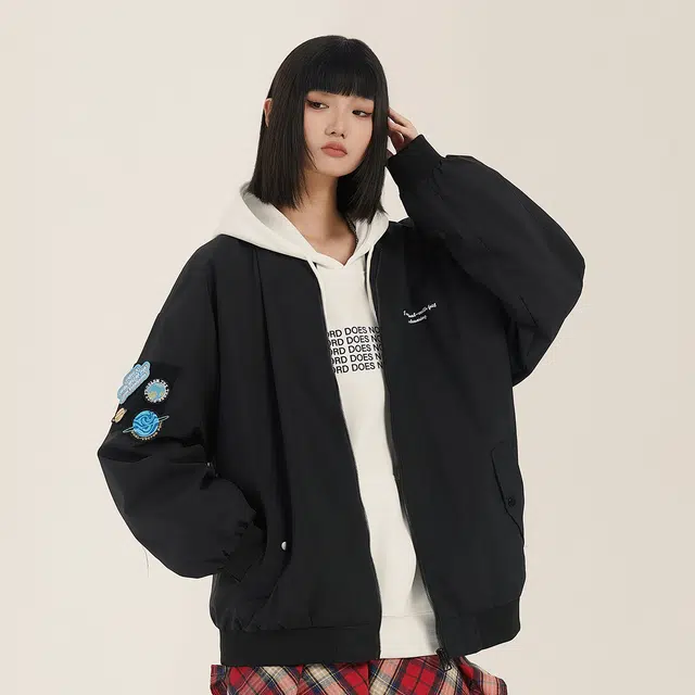 三体 二维化系列 美式复古简约休闲宽松棒球领百搭飞行服户外工装机能风夹克外套 男女同款