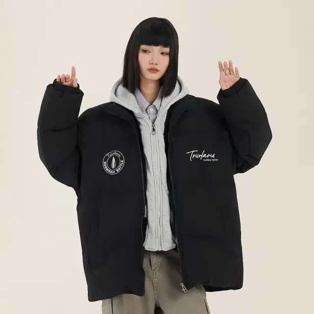 三体 水滴系列 美式复古简约基础款字母印花宽松休闲连帽保暖加厚柔软舒适潮牌时尚百搭假两件多巴胺面包服棉服 男女同款
