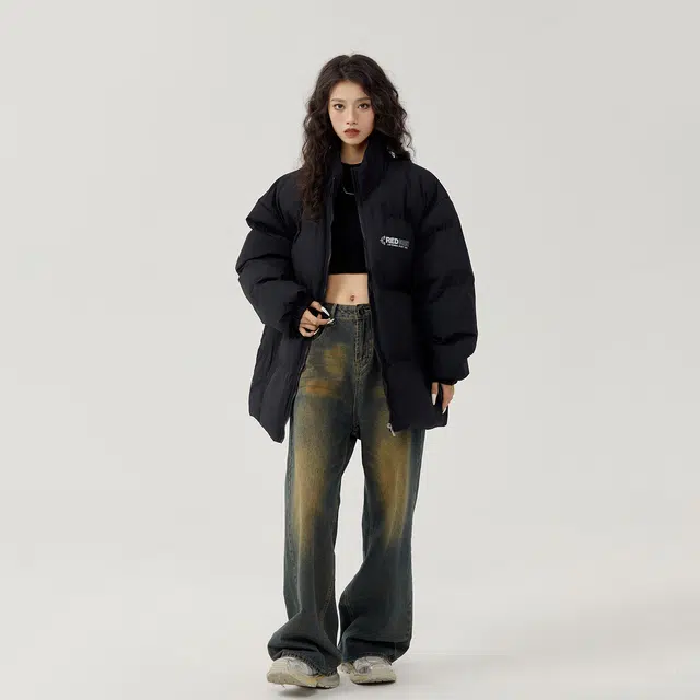 三体 美式复古登山服简约基础款字母印花宽松休闲保暖加厚立领开衫柔软舒适百搭多巴胺面包服棉服 男女同款