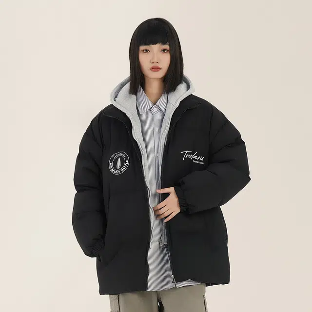 三体 水滴系列 美式复古简约基础款字母印花宽松休闲连帽保暖加厚柔软舒适潮牌时尚百搭假两件多巴胺面包服棉服 男女同款