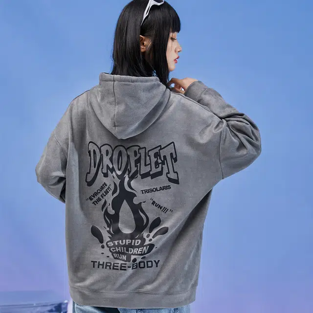 三体 水滴趣味字母印花套头宽松防风口袋休闲加绒加厚保暖连帽卫衣 男女同款