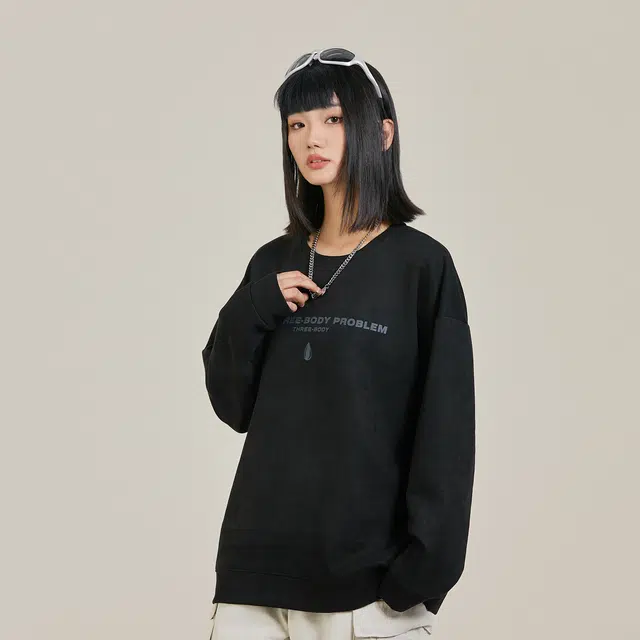 三体 简约基础款麂皮绒字母印花休闲宽松圆领套头纯色学生学院风高街潮牌街头时尚重磅保暖上衣长袖卫衣 男女同款