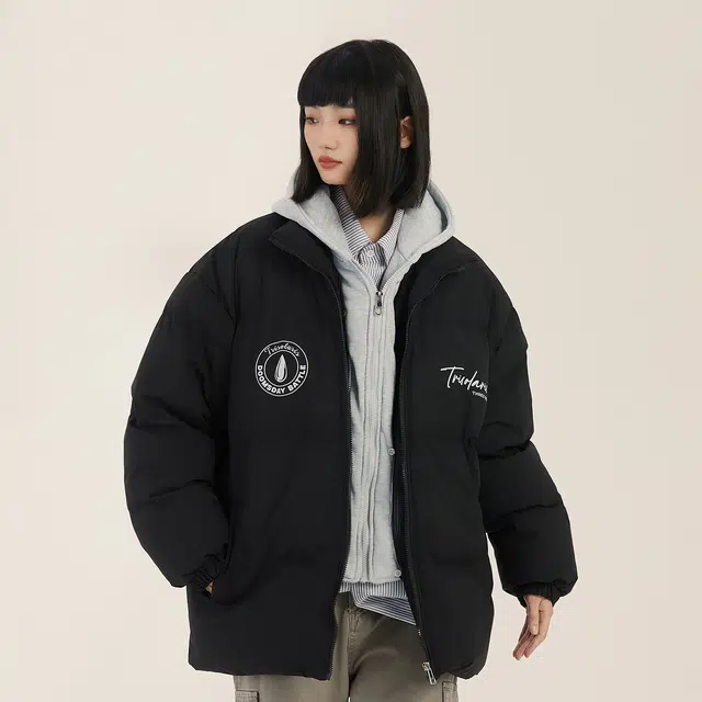 三体 水滴系列 美式复古简约基础款字母印花宽松休闲连帽保暖加厚柔软舒适潮牌时尚百搭假两件多巴胺面包服棉服 男女同款