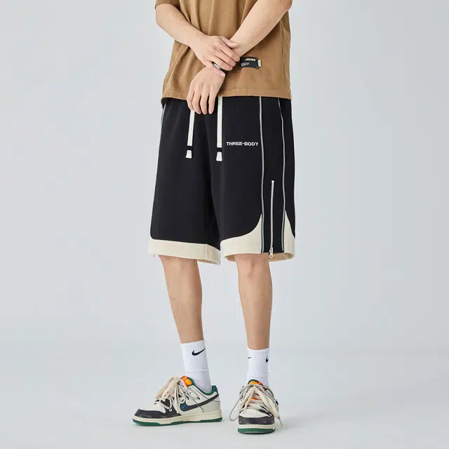 三体 拼接撞色时尚百搭宽松街头运动篮球裤美式高街潮流时尚百搭舒适不过膝五分裤无性别穿搭潮牌街头休闲短裤 男女同款