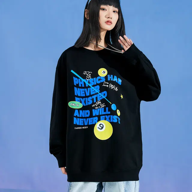 三体 丁仪台球系列 美式复古字母涂鸦印花基础百搭户外休闲宽松圆领套头长袖重磅卫衣 男女同款