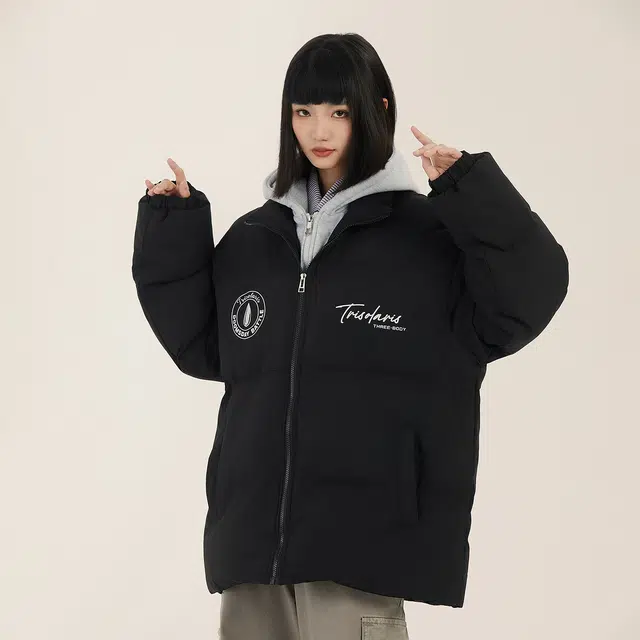 三体 水滴系列 美式复古简约基础款字母印花宽松休闲连帽保暖加厚柔软舒适潮牌时尚百搭假两件多巴胺面包服棉服 男女同款