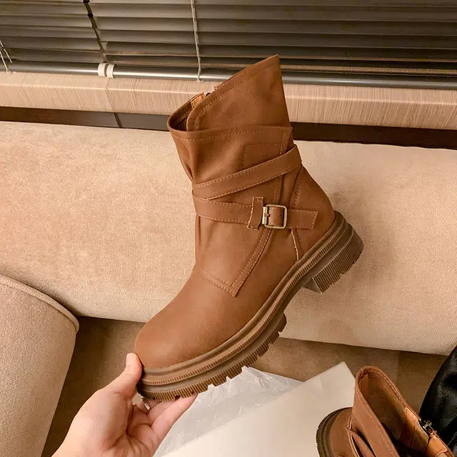 复古帅气百搭加绒交叉带 短靴 女款