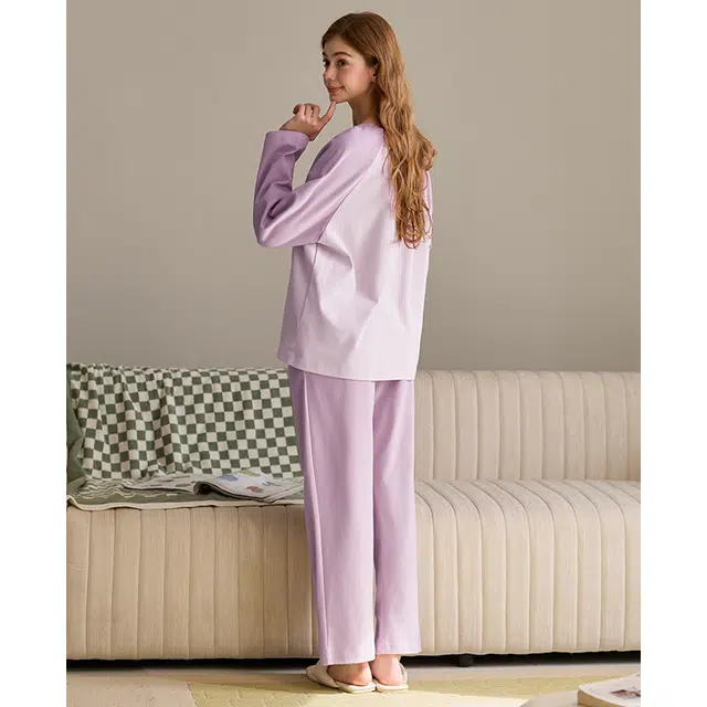 芬腾 纯棉长袖休闲加大码家居服睡衣套装 女款 粉紫