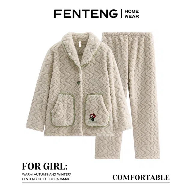 芬腾 情侣家居服珊瑚长袖长裤女士绒加绒加厚保暖睡衣套装 女款