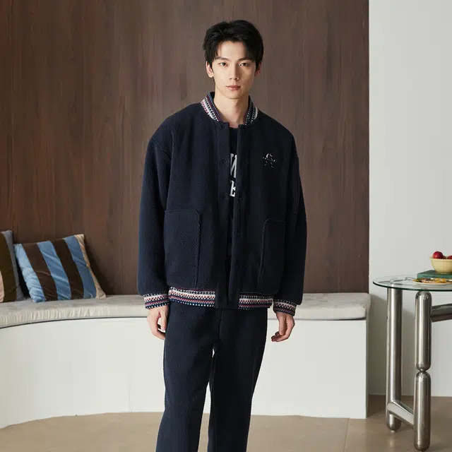 芬腾 情侣秋冬加绒加厚珊瑚绒开衫男士大码家居服睡衣套装 男款