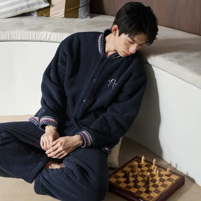 芬腾 情侣秋冬加绒加厚珊瑚绒开衫男士大码家居服睡衣套装 男款