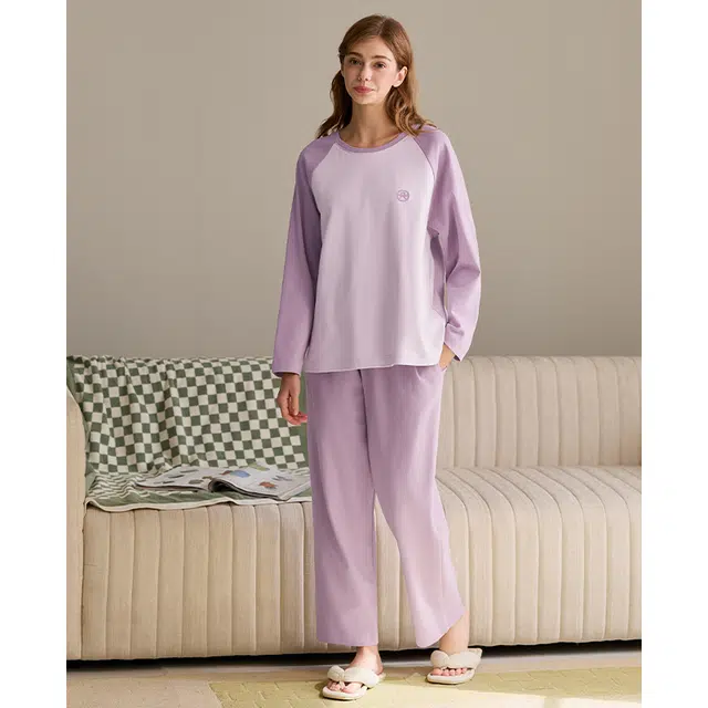 芬腾 纯棉长袖休闲加大码家居服睡衣套装 女款 粉紫