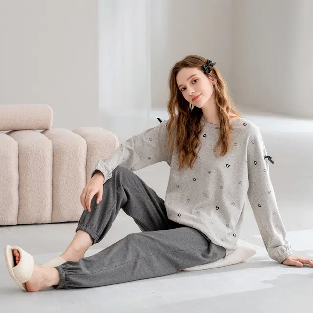 芬腾 长袖长裤圆领套头休闲全棉可外穿睡衣套装 女款 花灰