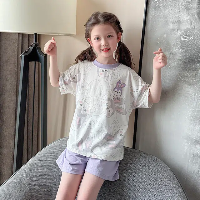 儿童款 芬腾 纯棉短袖圆领卡通可爱睡衣套装 香芋紫