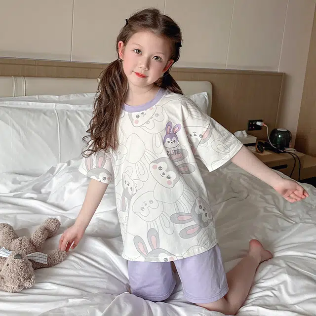 儿童款 芬腾 纯棉短袖圆领卡通可爱睡衣套装 香芋紫