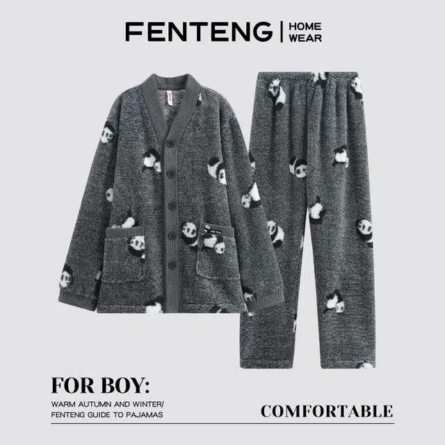 芬腾 加绒保暖简约休闲长袖舒适亲肤秋冬季睡衣套装 男款 花灰