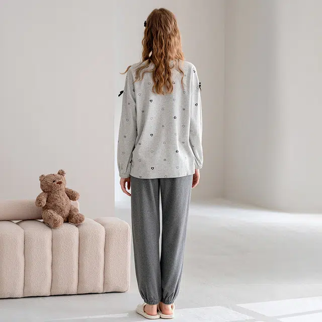 芬腾 长袖长裤圆领套头休闲全棉可外穿睡衣套装 女款 花灰
