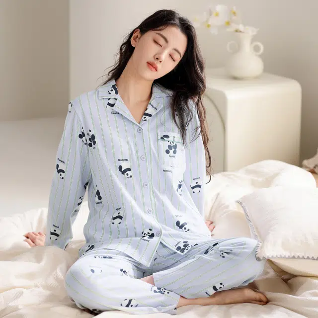 芬腾 休闲翻领长袖上衣中腰长裤睡衣套装 女款 紫条