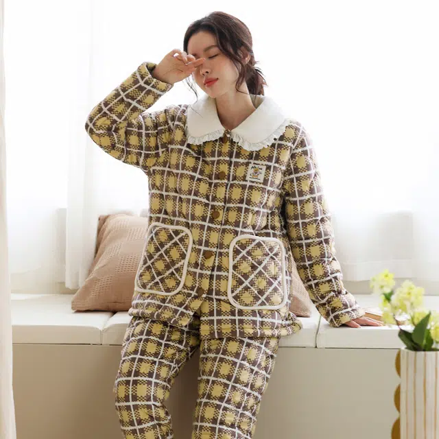 芬腾 亲肤舒适长袖长裤开衫翻领三层夹棉家居服睡衣套装 女款 豆黄