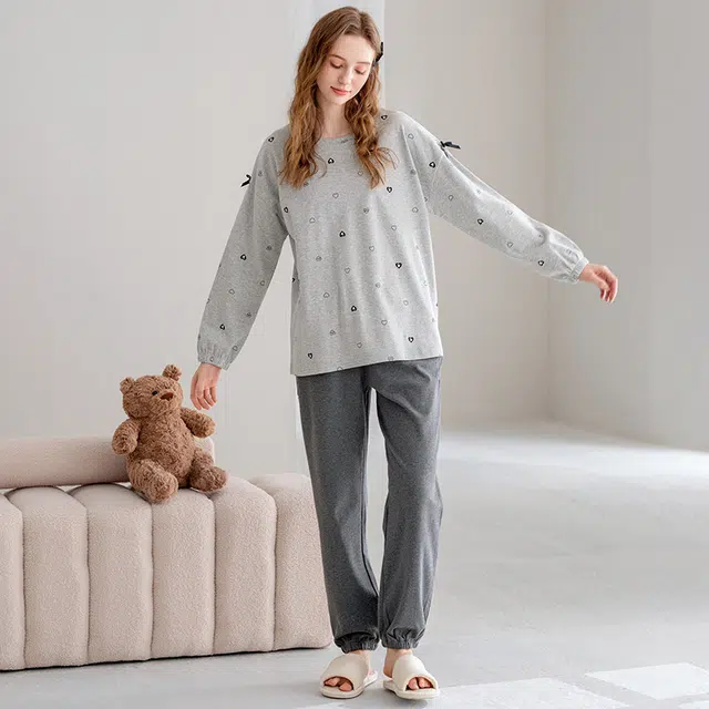 芬腾 长袖长裤圆领套头休闲全棉可外穿睡衣套装 女款 花灰