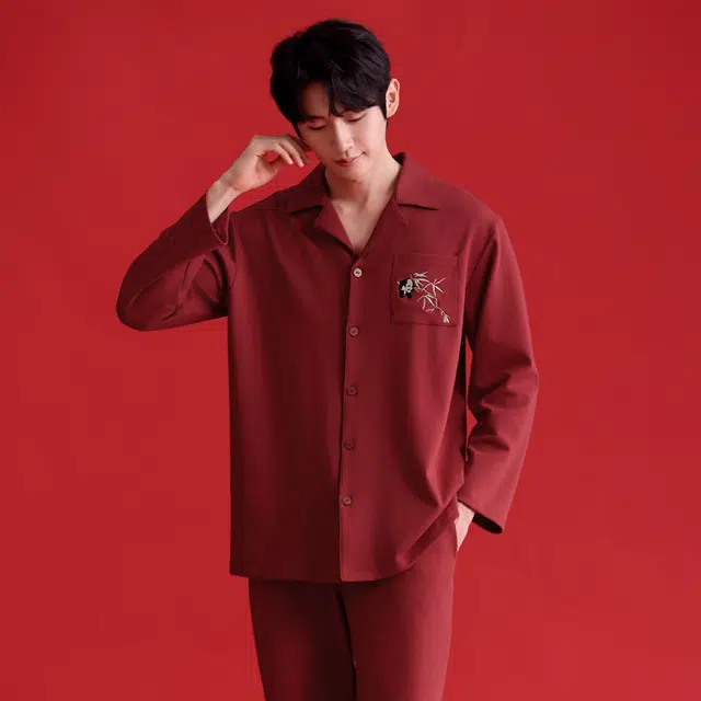 芬腾 舒适亲肤简约长袖长裤睡衣套装 男款 大红