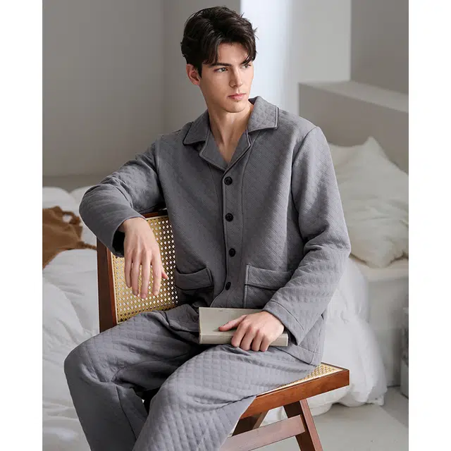 芬腾 简约纯色翻领长袖长裤宽松大码睡衣套装 男