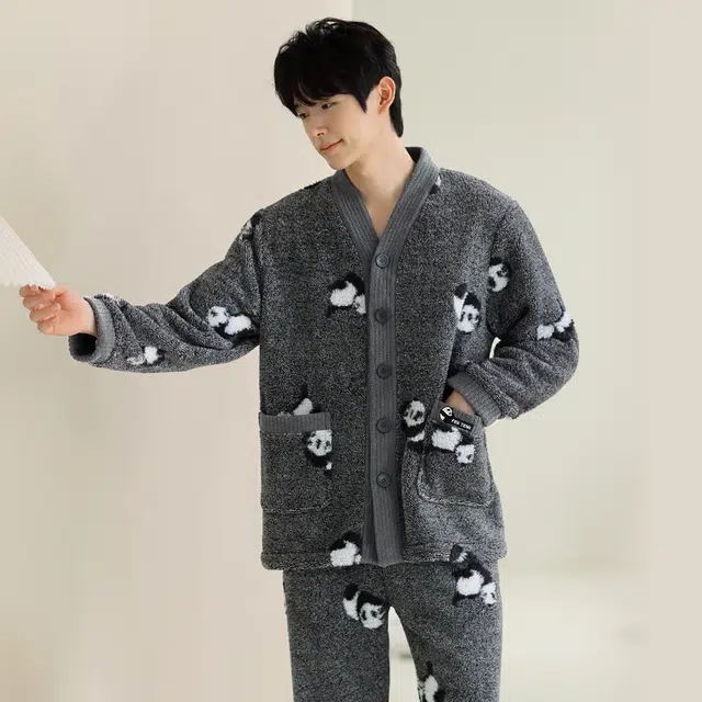 芬腾 加绒保暖简约休闲长袖舒适亲肤秋冬季睡衣套装 男款 花灰