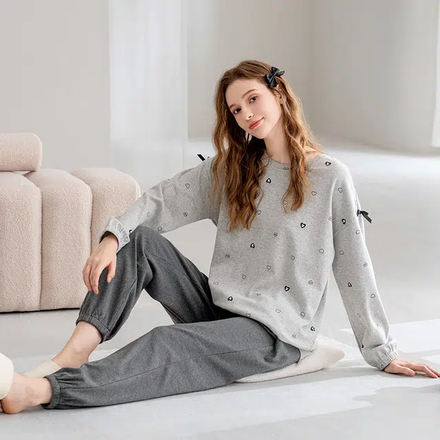 芬腾 长袖长裤圆领套头休闲全棉可外穿睡衣套装 女款 花灰
