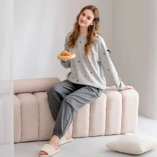 芬腾 长袖长裤圆领套头休闲全棉可外穿睡衣套装 女款 花灰