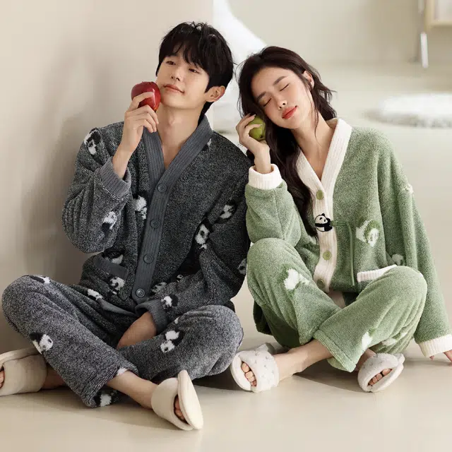芬腾 加绒保暖简约休闲长袖舒适亲肤秋冬季睡衣套装 男款 花灰