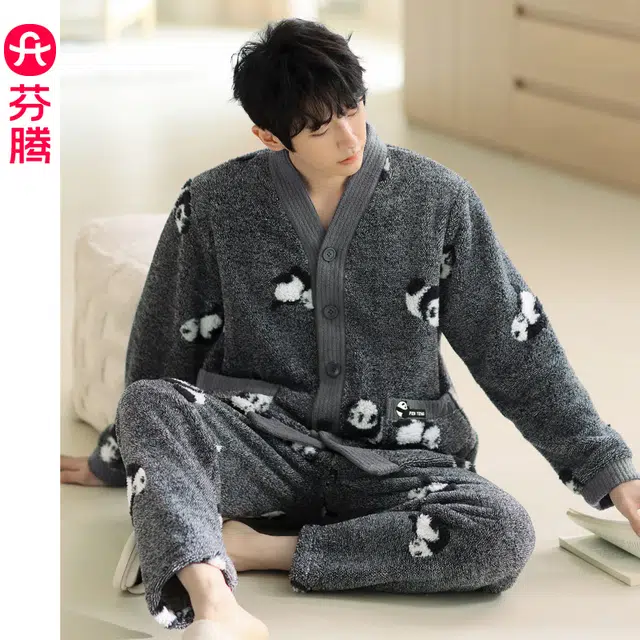 芬腾 加绒保暖简约休闲长袖舒适亲肤秋冬季睡衣套装 男款 花灰