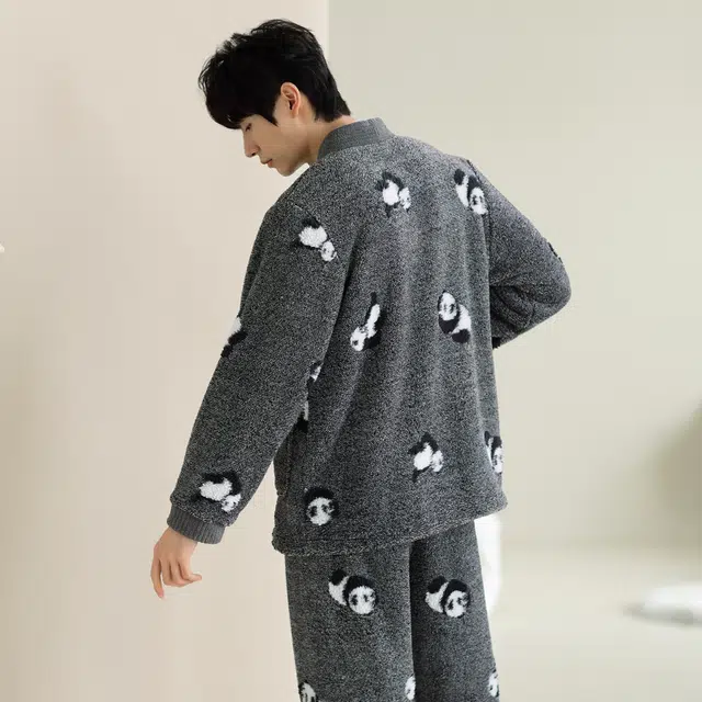 芬腾 加绒保暖简约休闲长袖舒适亲肤秋冬季睡衣套装 男款 花灰
