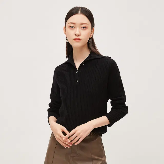 恒源祥 纽扣翻领半开襟羊毛衫套头毛衣上衣 女款